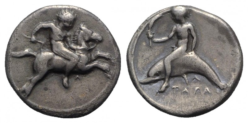 Southern Apulia, Tarentum, c. 400-390 BC. AR Nomos (21mm, 7.64g, 9h). Youth on h...