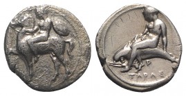 Southern Apulia, Tarentum, c. 390-385 BC. AR Nomos (21mm, 7.38g, 8h). Nude youth, holding rein and shield, on horseback l.; A below. R/ Phalanthos on ...