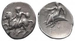 Southern Apulia, Tarentum, c. 380-375/0 BC. AR Nomos (23mm, 7.78g, 12h). Nude warrior, holding shield, on horse galloping l.; Π below. R/ Phalanthos, ...