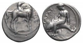 Southern Apulia, Tarentum, c. 385-380 BC. AR Nomos (20mm, 7.62g, 2h). Nude youth on horse standing r., raising r. hand to crown horse; kerykeion to r....