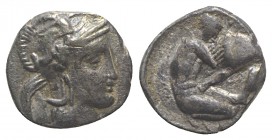 Southern Apulia, Tarentum, c. 380-325 BC. AR Diobol (10mm, 0.95g, 9h). Head of Athena r., wearing crested helmet decorated with Skylla. R/ Herakles kn...