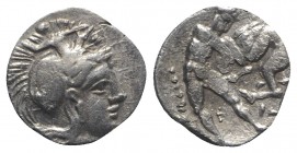Southern Apulia, Tarentum, c. 380-325 BC. AR Diobol (10mm, 0.83g, 3h). Helmeted head of Athena r., helmet decorated with Skylla. R/ Herakles standing ...