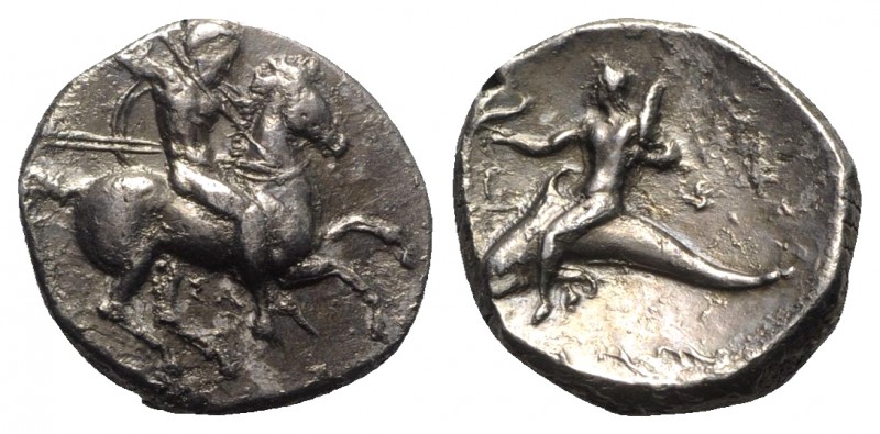 Southern Apulia, Tarentum, c. 332-302 BC. AR Nomos (19mm, 7.81g, 10h). Warrior o...
