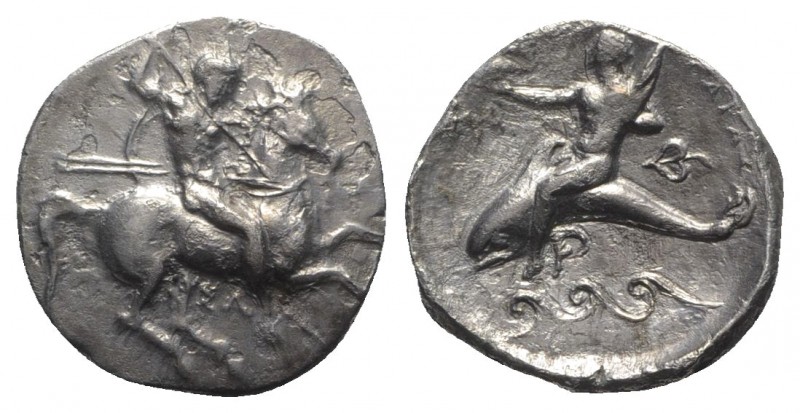 Southern Apulia, Tarentum, c. 332-302 BC. AR Nomos (20mm, 7.62g, 3h). Warrior on...