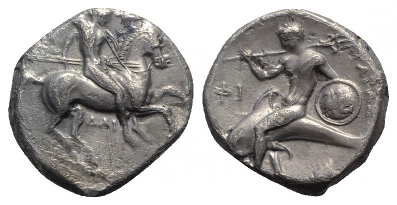 Southern Apulia, Tarentum, c. 332-302 BC. AR Nomos (20mm, 7.63g, 12h). Warrior, ...