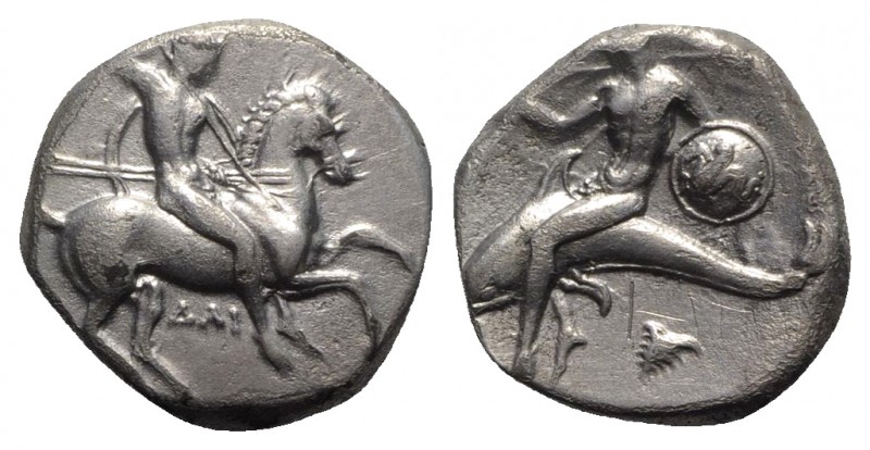 Southern Apulia, Tarentum, c. 332-302 BC. AR Nomos (18mm, 7.72g, 3h). Warrior, h...