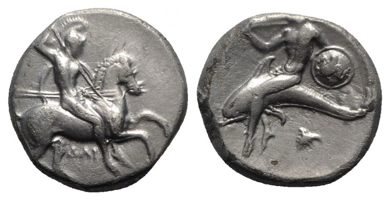 Southern Apulia, Tarentum, c. 332-302 BC. AR Nomos (20mm, 7.80g, 6h). Warrior, h...