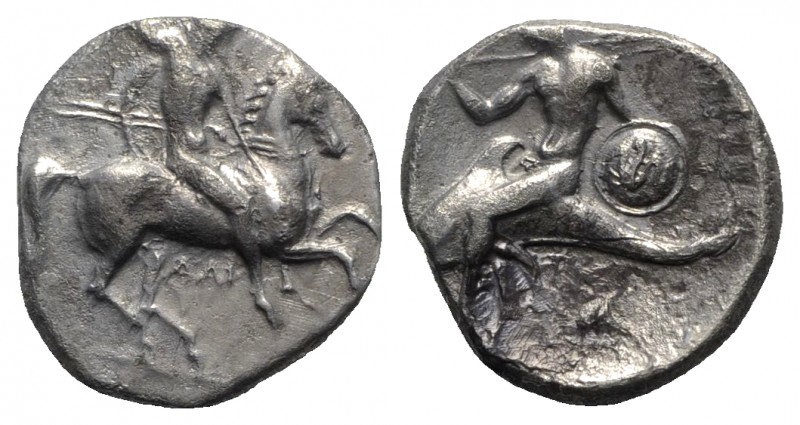 Southern Apulia, Tarentum, c. 332-302 BC. AR Nomos (20mm, 7.66g, 6h). Warrior, h...