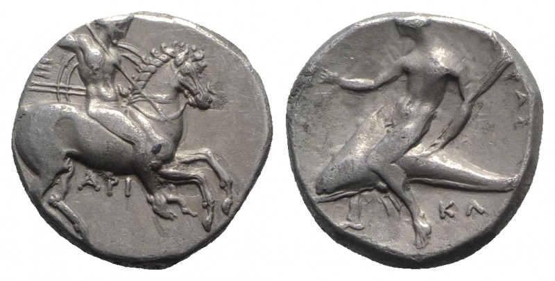 Southern Apulia, Tarentum, c. 332-302 BC. AR Nomos (19mm, 7.89g, 9h). Warrior on...