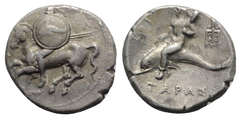 Southern Apulia, Tarentum, c. 220-281 BC. AR Nomos (20mm, 7.70g, 5h). Warrior, h...