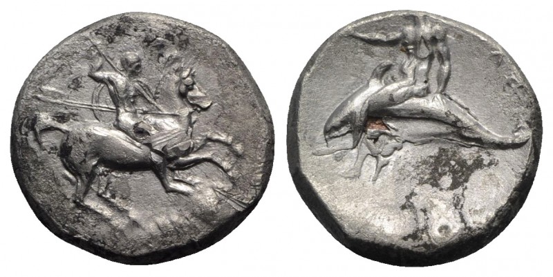 Southern Apulia, Tarentum, c. 302-280 BC. AR Nomos (22mm, 7.70g, 9h). Warrior on...
