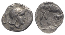 Southern Apulia, Tarentum, c. 325-280 BC. AR Diobol (10.5mm, 0.69g, 10h). Head of Athena r., wearing crested Attic helmet. R/ Herakles standing facing...