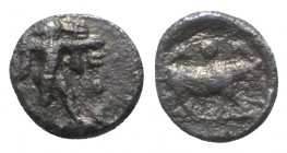 Northern Lucania, Poseidonia, c. 445-420 BC. AR Obol (6mm, 0.36g, 3h). Poseidon wielding trident r. R/ Bull standing r. HNItaly 1121. Porous, near VF