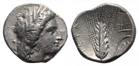 Southern Lucania, Metapontion, c. 325-275 BC. AR Stater (20mm, 7.78g, 12h). Head of Demeter r., wearing grain-ear wreath and earring. R/ Barley ear, l...