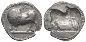 Southern Lucania, Sybaris, c. 550-510 BC. AR Stater (28mm, 7.82g, 12h). Bull standing l. on dotted exergual line, looking back. R/ Incuse bull standin...