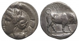 Southern Lucania, Thourioi, c. 350-300 BC. AR Distater (26mm, 15.34g, 1h). Head of Athena r., wearing crested Attic helmet decorated on its bowl with ...