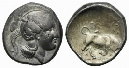 Southern Lucania, Thourioi, c. 350-300 BC. AR Distater (26mm, 15.36g, 11h). Head of Athena r., wearing crested Attic helmet decorated with Skylla hold...