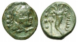 Southern Lucania, Copia (Thourioi), c. 193-89 BC. Æ Quadrans (14mm, 2.12g, 6h). Head of Herakles r., wearing lion's skin headdress. R/ Cornucopia; cad...