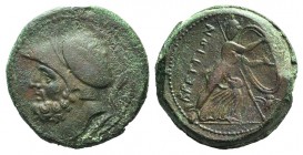 Bruttium, The Brettii, c. 211-208 BC. Æ Double Unit (27mm, 18.80g, 9h). Helmeted head of Ares l.; thunderbolt below. R/ Athena advancing r., holding s...
