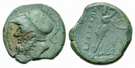 Bruttium, The Brettii, c. 211-208 BC. Æ Double Unit (25mm, 11.04g, 9h). Helmeted head of Ares l. R/ Athena advancing r., holding shield and spear. HNI...