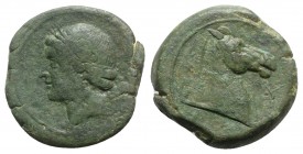 Bruttium, Carthaginian occupation, c. 215-205 BC. Æ Unit (24mm, 12.40g, 2h). Head of Tanit-Demeter l., wearing wreath of grain ears. R/ Head of horse ...