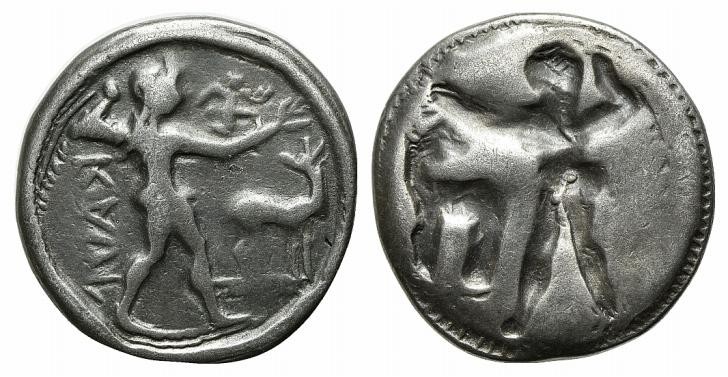 Bruttium, Kaulonia, c. 525-500 BC. AR Stater (22mm, 7.34g, 12h). Apollo advancin...