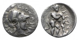 Bruttium, Kroton, c. 300-250 BC. AR Triobol (10mm, 1.14g, 6h). Helmeted head of Athena r. R/ Herakles standing r., leaning on club set on ground. HNIt...