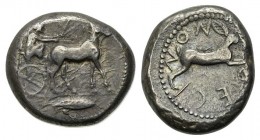Bruttium, Rhegion. Anaxilas (Tyrant, c. 494/3-462/1 BC). AR Tetradrachm (26mm, 17.40g, 9h). Charioteer driving biga of mules r.; in exergue, leaf r. R...
