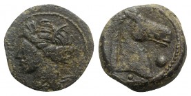 Carthaginian Domain, Sardinia, c. 264-241 BC. Æ (18mm, 4.67g, 9h). Wreathed head of Kore-Tanit l. R/ Head of horse r.; pellet before and below. Piras ...