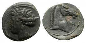 Carthaginian Domain, Sardinia, c. 264-241 BC. Æ (20mm, 4.44g, 7h). Wreathed head of Kore-Tanit l. R/ Head of horse r.; palm-tree before. Piras 21; SNG...