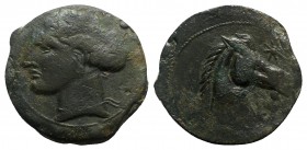 Carthaginian Domain, Sardinia, c. 264-241 BC. Æ Dishekel (28mm, 11.62g, 6h). Wreathed head of Kore-Tanit l. R/ Head of horse r.; star to upper r. Pira...
