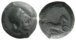 Sicily, Aitna, c. 355-339 BC. Æ (25mm, 16.64g, 12h). Head of Athena r., wearing Corinthian helmet. R/ Horse galloping r., reins trailing; M above. Cam...