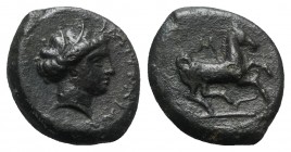Sicily, Aitna, c. 354/3-344 BC. Æ Tetras (18mm, 5.11g, 9h). Wreathed head of Kore r. R/ Horse prancing r., trailing rein; M above. Campana 5a; CNS III...
