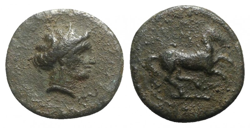 Sicily, Aitna, c. 354/3-344 BC. Æ Tetras (17mm, 4.27g, 9h). Wreathed head of Kor...