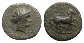 Sicily, Aitna, c. 354/3-344 BC. Æ Tetras (17mm, 4.27g, 9h). Wreathed head of Kore r. R/ Horse prancing r., trailing rein; M above. Campana 5a; CNS III...