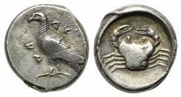 Sicily, Akragas, c. 480/478-470 BC. AR Didrachm (19.5mm, 8.69g, 1h). Eagle standing l. R/ Crab; barley grain below; all within shallow incuse circle. ...