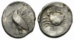 Sicily, Akragas, c. 465/4-446 BC. AR Tetradrachm (27mm, 17.36g, 11h). Eagle standing l. R/ Crab within shallow incuse circle. Westermark, Coinage, 350...