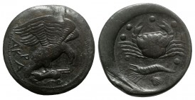 Sicily, Akragas, c. 425-406 BC. Æ Hemilitron (29mm, 18.42g, 3h). Eagle standing r. on hare, head lowered. R/ Crab; crayfish and shell below, six pelle...