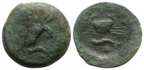 Sicily, Akragas, c. 425-406 BC. Æ Hemilitron (32mm, 23.92g, 6h). Eagle standing r. on hare, head lowered. R/ Crab; crayfish and shell below, six pelle...