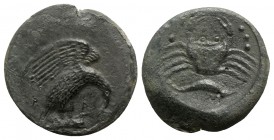 Sicily, Akragas, c. 425-406 BC. Æ Hemilitron (29mm, 17.50g, 6h). Eagle standing r. on hare, head lowered. R/ Crab; crayfish below, six pellets around....