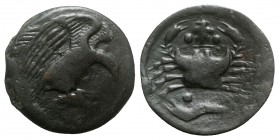 Sicily, Akragas, c. 425-406 BC. Æ Hemilitron (26mm, 13.99g, 12h). Eagle standing r. on hare, head lowered. R/ Crab; vine-leaf above, crayfish below, s...