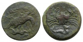 Sicily, Akragas, c. 425-406 BC. Æ Hemilitron (27mm, 15.30g, 6h). Eagle standing r. on hare, head lowered. R/ Crab; hippocamp below, six pellets around...