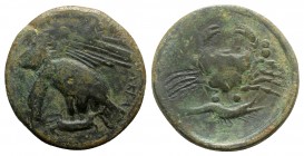 Sicily, Akragas, c. 425-406 BC. Æ Hemilitron (28mm, 17.75g, 3h). Eagle standing l. on hare, head lowered. R/ Crab; crayfish below, six pellets around....