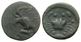 Sicily, Akragas, c. 425-406 BC. Æ Hemilitron (26mm, 15.32g, 6h). Eagle standing l. on hare, head lowered. R/ Crab; crayfish below, six pellets around....