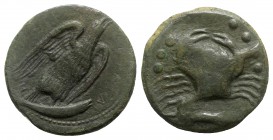 Sicily, Akragas, c. 425/0-410/06 BC. Æ Hemilitron (27mm, 13.65g, 12h). Eagle standing r., head raised, wings spread, on fish. R/ Crab; crayfish below;...