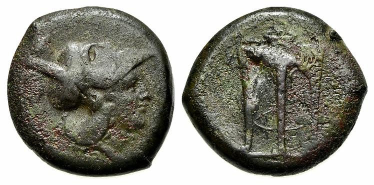 Sicily, Ameselon, c. 340-330 BC. Æ Hemilitron (25mm, 16.94g, 9h). Helmeted head ...