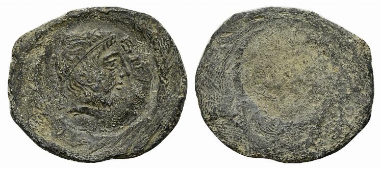 Sicily, Entella, late 5th century BC. PB Seal (26mm, 6.93g). Bearded male head r...