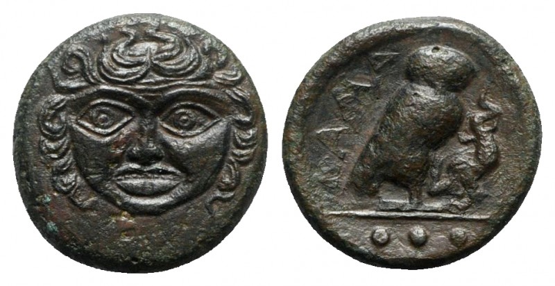 Sicily, Kamarina, c. 420-405 BC. Æ Tetras (16mm, 3.72g, 3h). Gorgoneion. R/ Owl ...