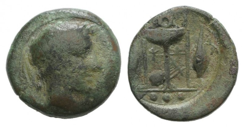 Sicily, Leontini, c. 405-402 BC. Æ Tetras – Trionkion (12mm, 1.73g, 3h). Head of...