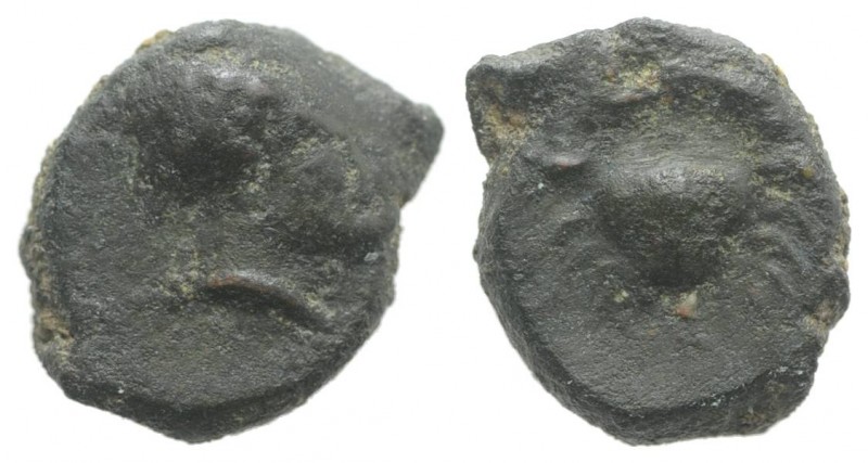 Sicily, Motya, c. 400-397 BC. Æ Onkia or Hexas(?) (12mm, 2.16g, 12h). Bearded ma...